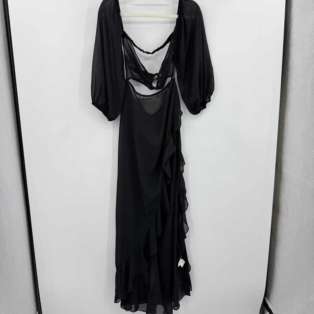 SHEIN SXY Black Cutout O-Ring Maxi Vacation Dress Balloon Sleeve Ruffle Hem Sz L